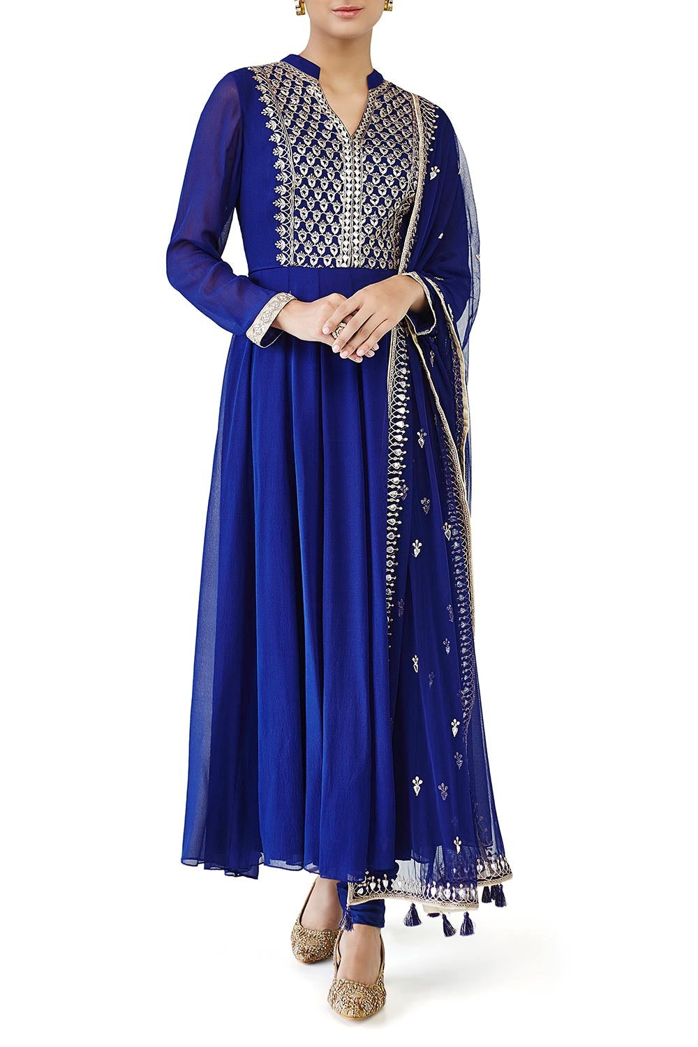 Embroidered Chinon Crepe Anarkali Suit in Royal Blue : KJN4288